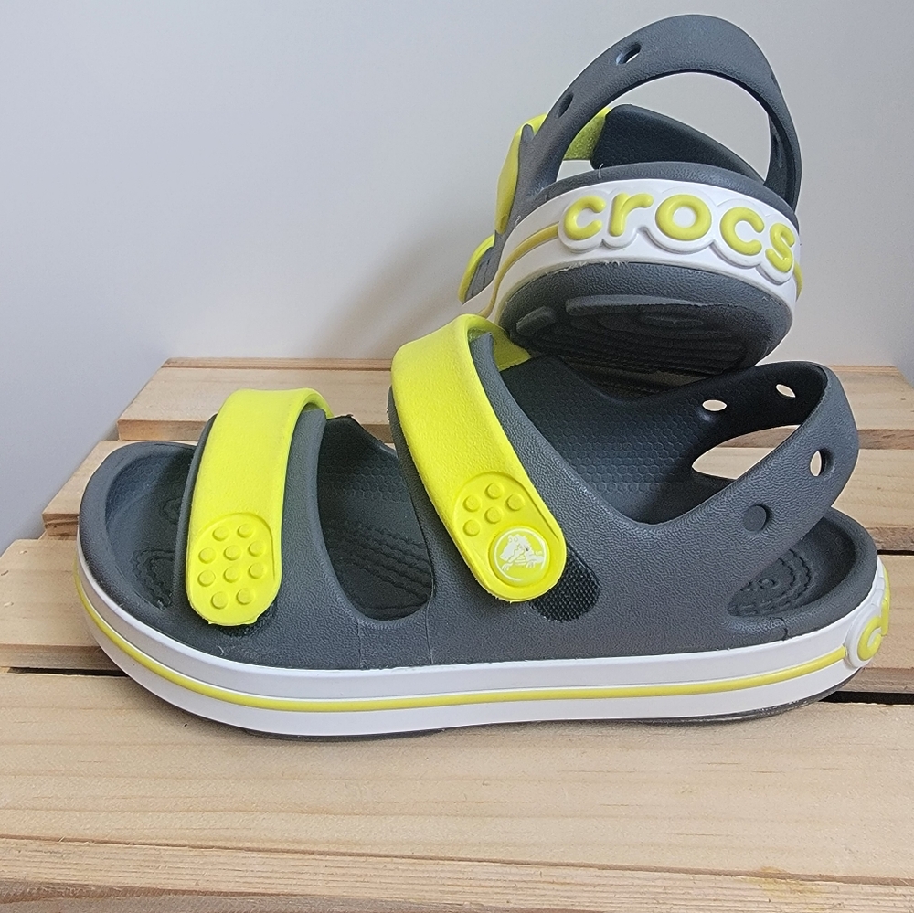 Crocs Crocband Cruiser Sandals | Kids Size C 11 | Grey & Green-Yellow